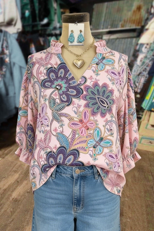 Vintage Floral Print Collared Blouse