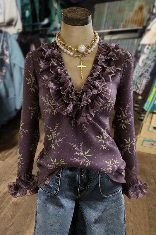 Vintage Floral Polka Dot Print Ruffle Neck Long Sleeve Blouse
