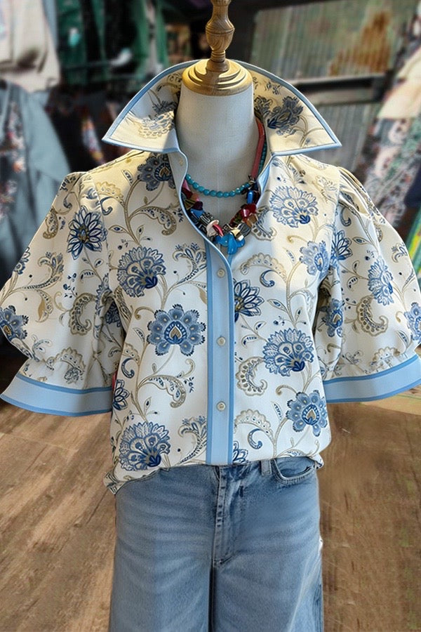 Retro Floral Print Collared Puff Sleeve Blouse