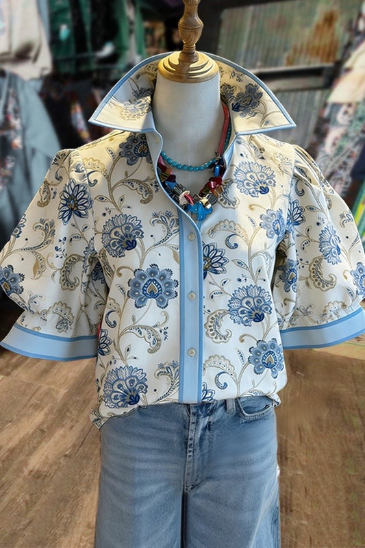 Retro Floral Print Collared Puff Sleeve Blouse