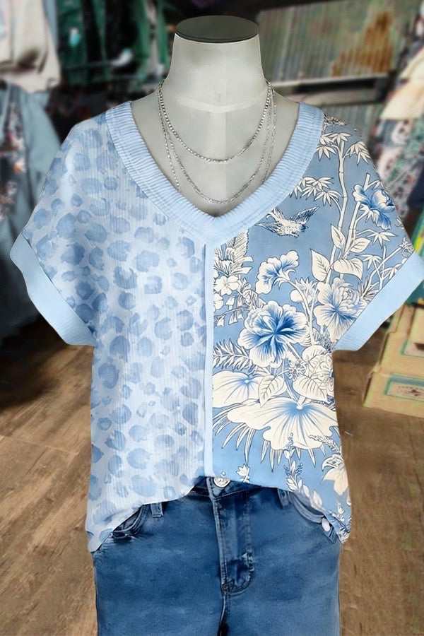 Vintage Leopard Floral Print V-Neck Ribbed T-Shirt