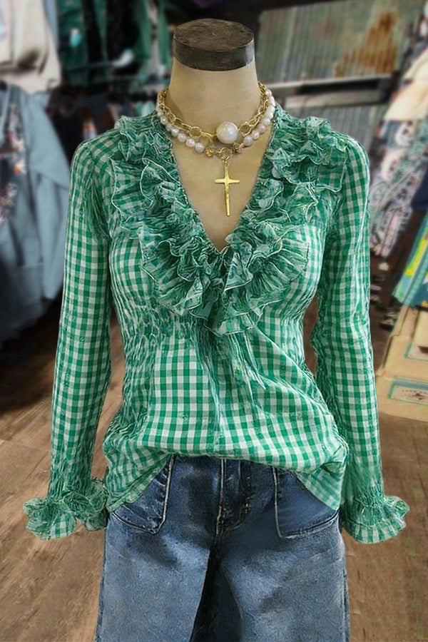 Plaid Ruffle Neck Long Sleeve Blouse