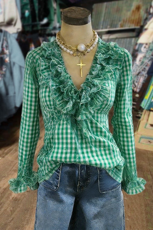 Plaid Ruffle Neck Long Sleeve Blouse