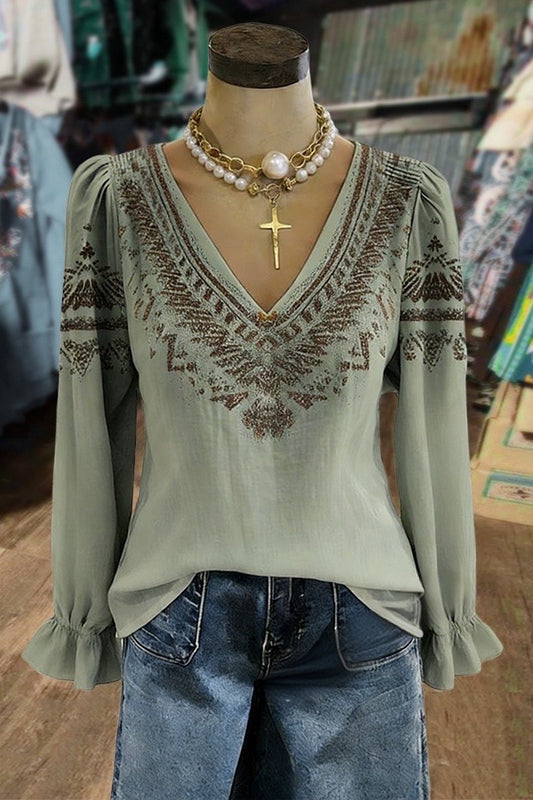 Vintage Ethnic Print V-Neck Long Sleeve Blouse