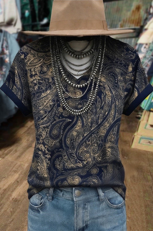 Retro Paisley Print Short Sleeve T-Shirt