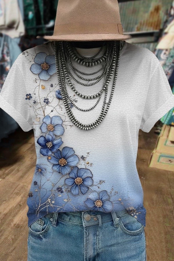 Vintage Floral Print Short Sleeve T-Shirt