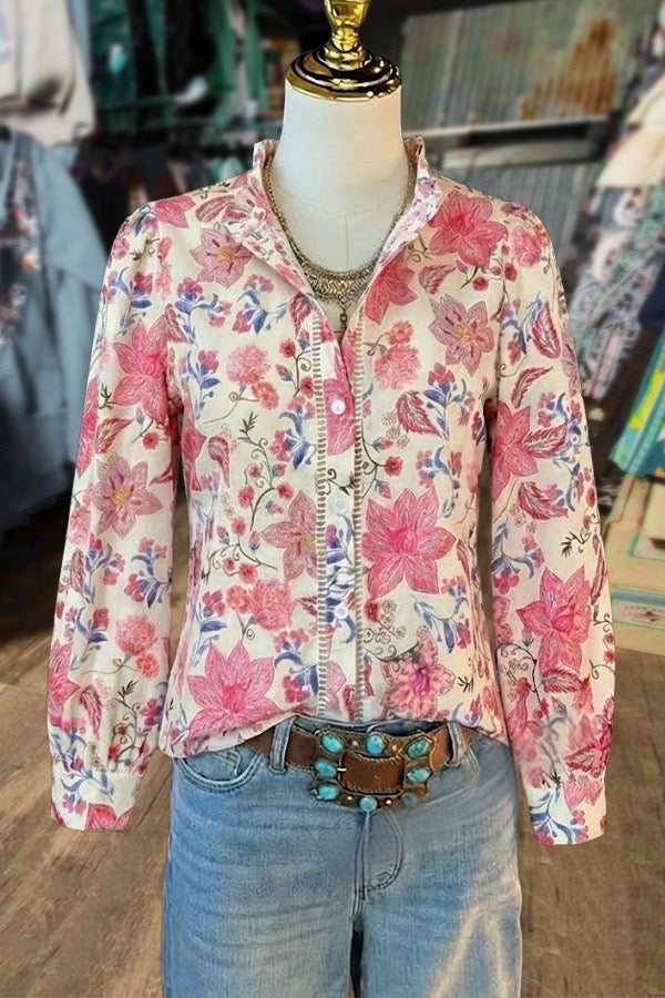 Retro Floral Print Button Up Long Sleeve Blouse