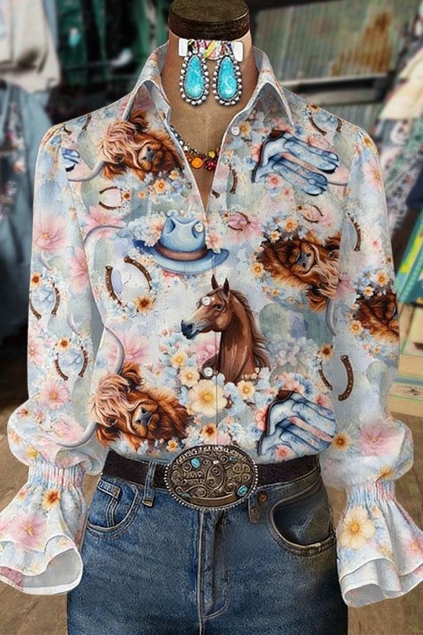 Retro Art Horse Print Flared Cuffs Blouse