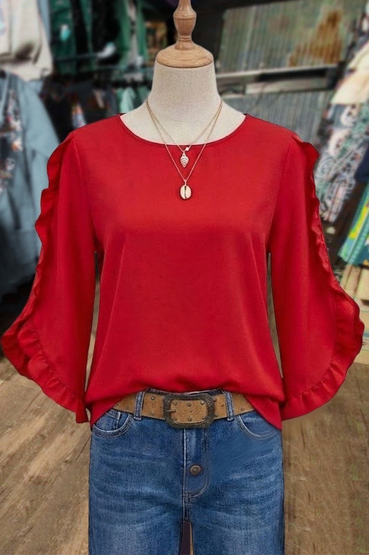 Solid Round Neck Irregular Ruffle Three Quater Sleeve Top
