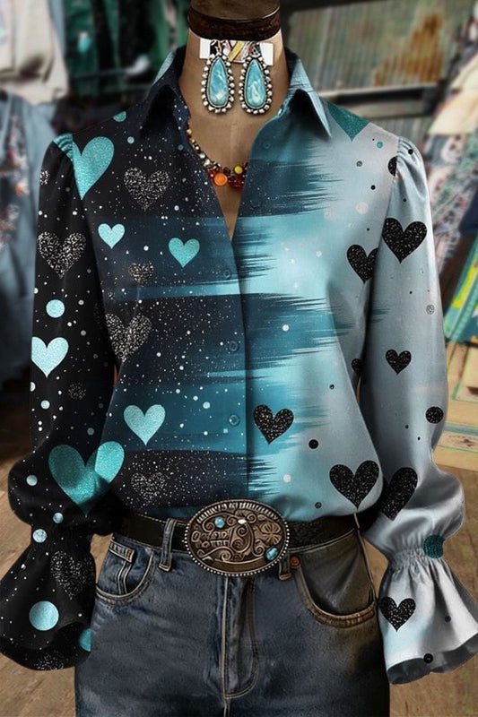 Contrast Art Heart Print Flared Cuffs Blouse