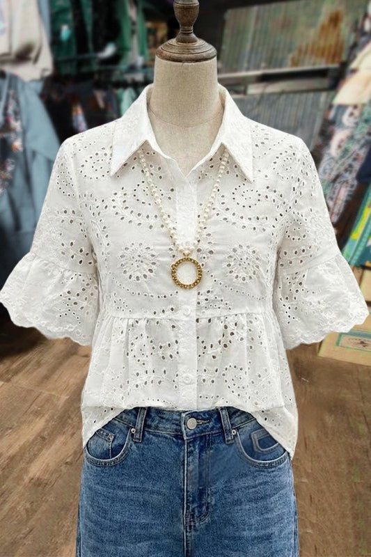 Solid Eyelet Ruffle Short Sleeve Blouse