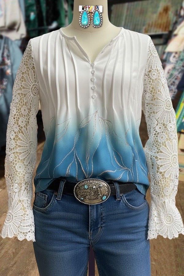 Gradient Floral Print Lace Long Sleeve Top