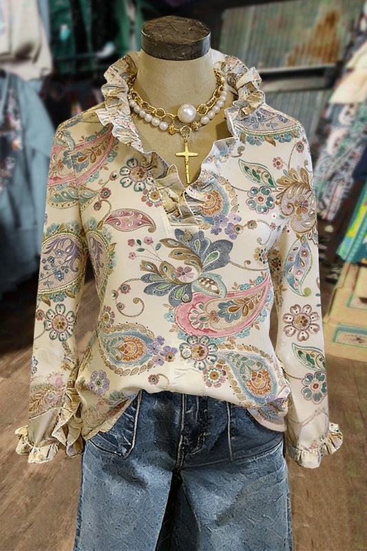 Retro Paisley Print Ruffle Neck Blouse