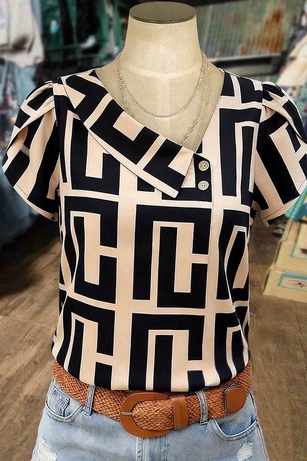 Geometric Print Asymmetrical Neck Short Sleeve Top