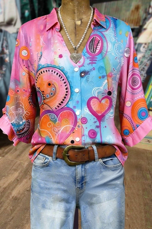 Vintage Heart Print Split Neck Three Quater Dolman Sleeves Blouse