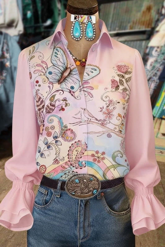 Boho Floral Print Flared Cuffs Blouse