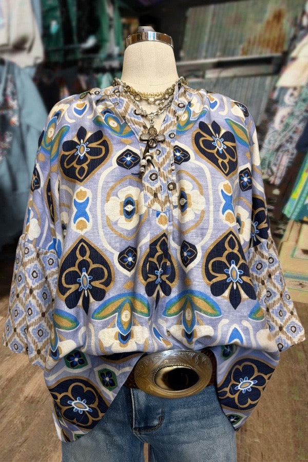 Vintage Floral Print Bubble Sleeves Blouse