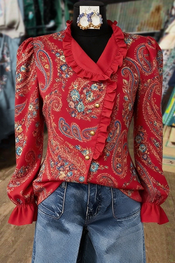 Vintage Paisley Print Asymmetrical Button Ruffle Neck Long Sleeves Blouse
