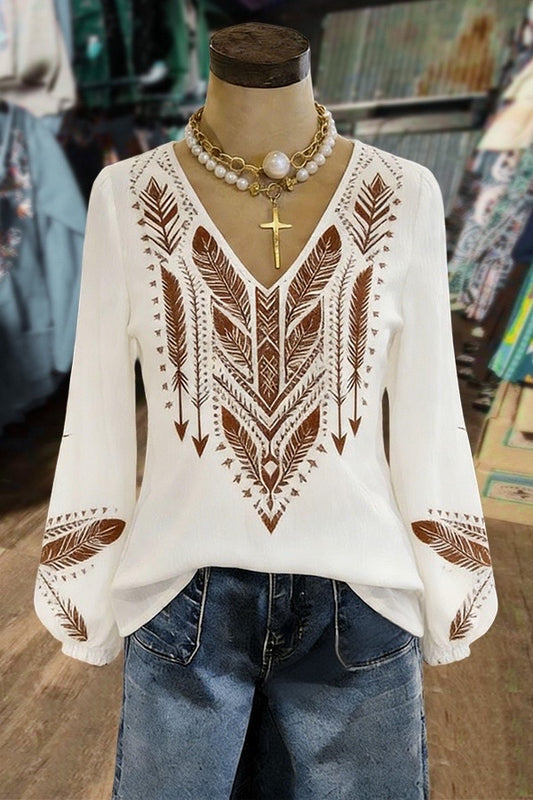 Vintage Ethnic Print V-Neck Long Sleeve Blouse