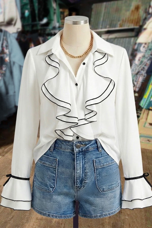 White Ruffle Blouse with Black Trim