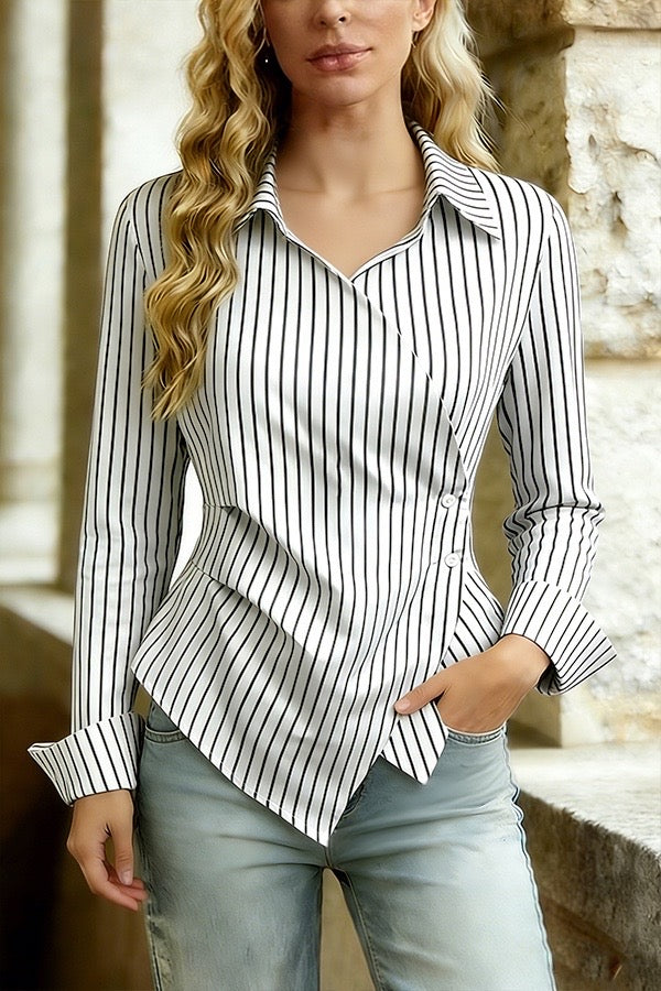 Black and White Striped Asymmetric Hem Shirt