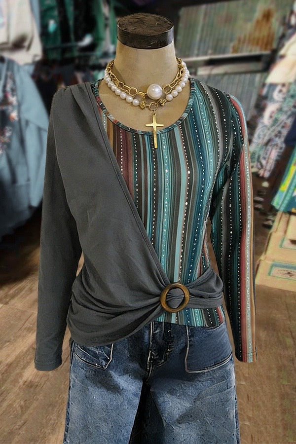 Color-Block Striped Long Sleeve Top