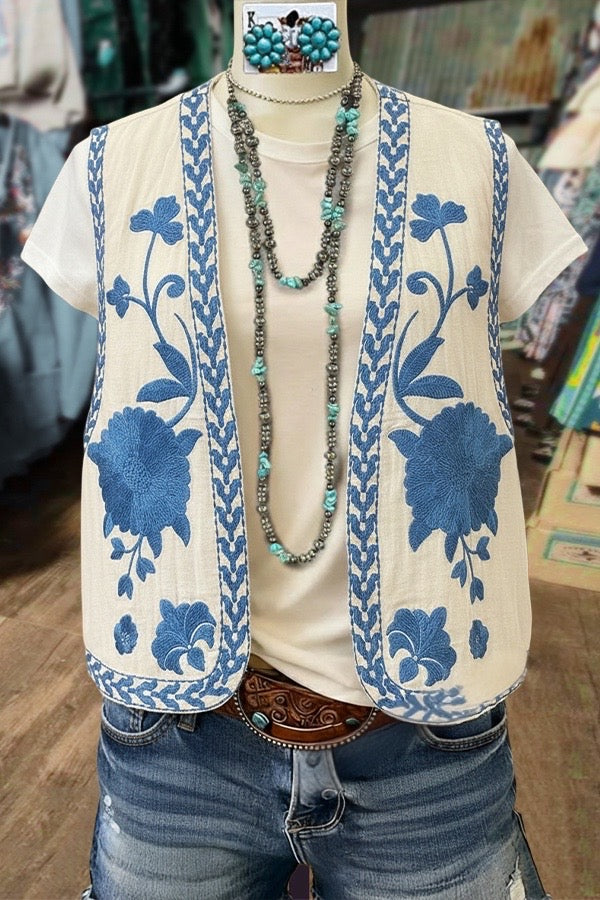 Cream and Blue Embroidered Floral Vest