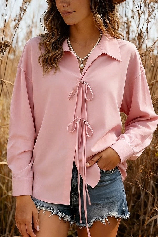 Pink Tie-Front Collar Blouse