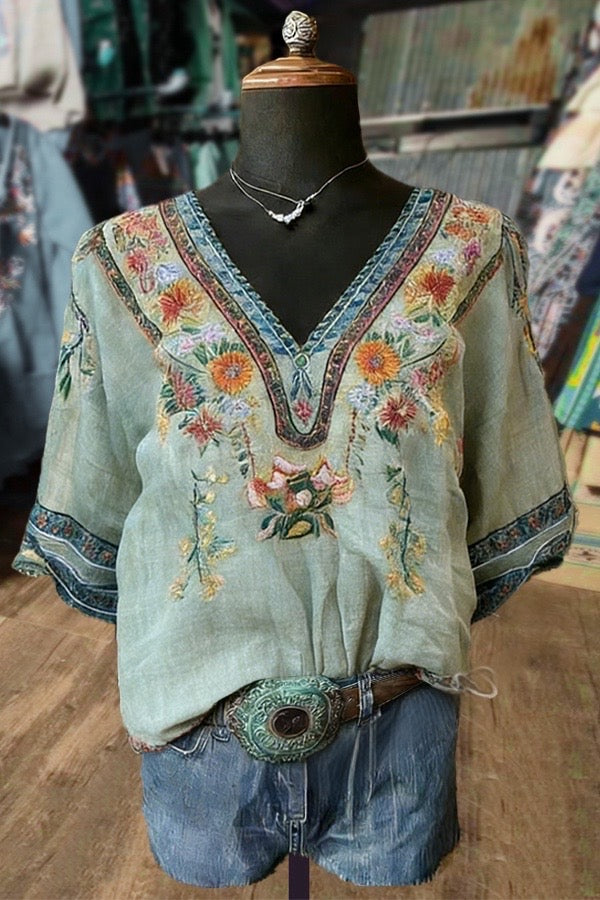 Sage Green Floral Embroidered Bohemian Tunic