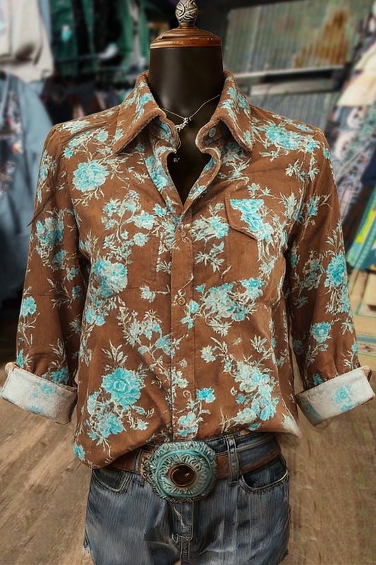 Brown and Turquoise Floral Print Button-Down Shirt