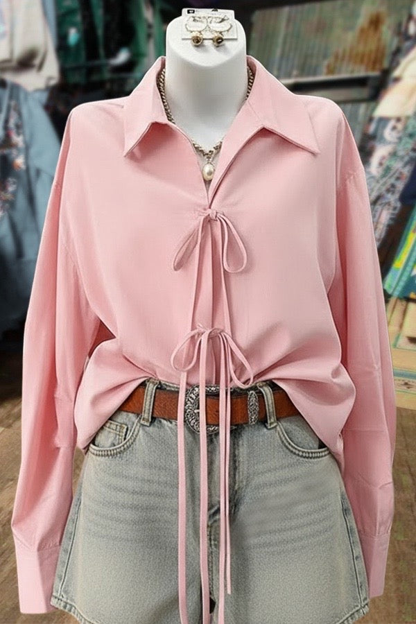 Pink Tie-Front Collar Blouse