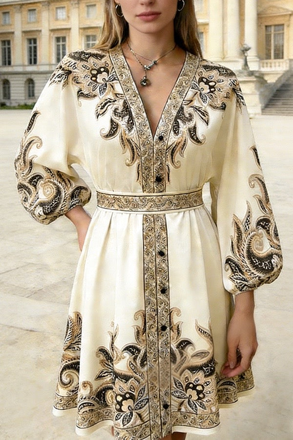 Cream Embroidered Paisley Belted Mini Dress