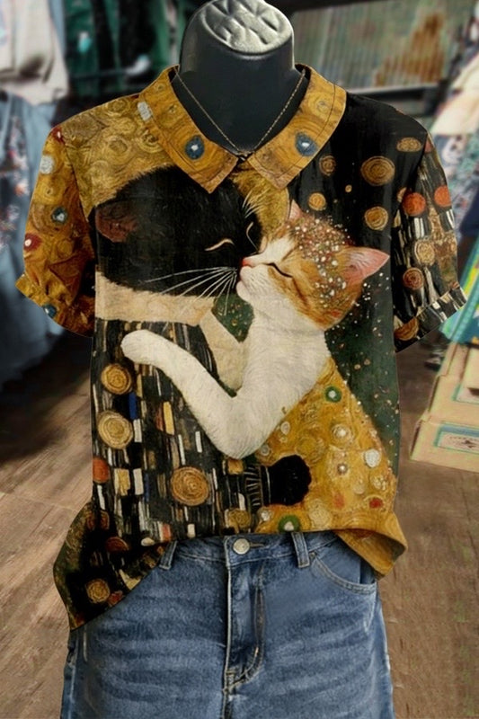 Artistic Cat Print Collar Top