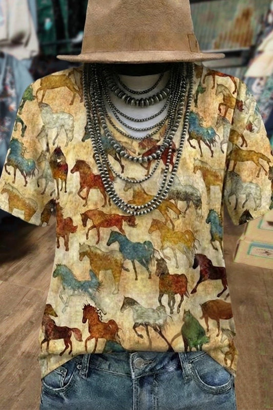Watercolor Horse Print Western Top