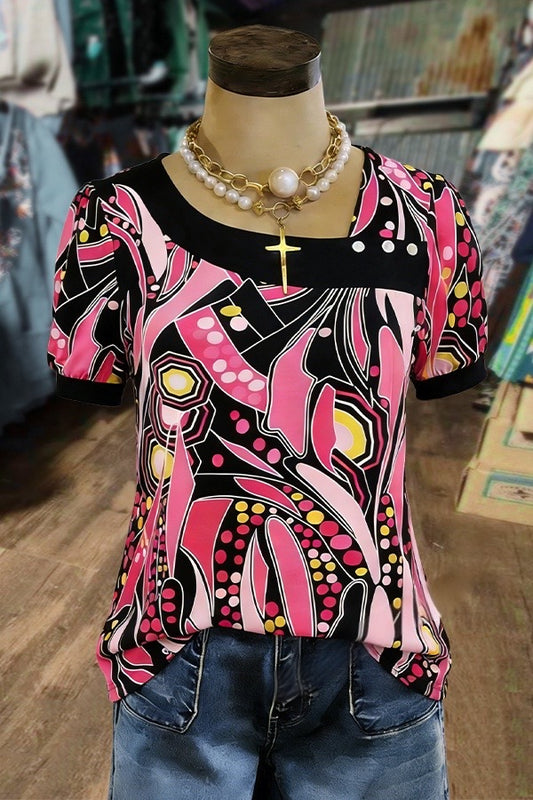 Pink and Black Abstract Print Puff Sleeve Top
