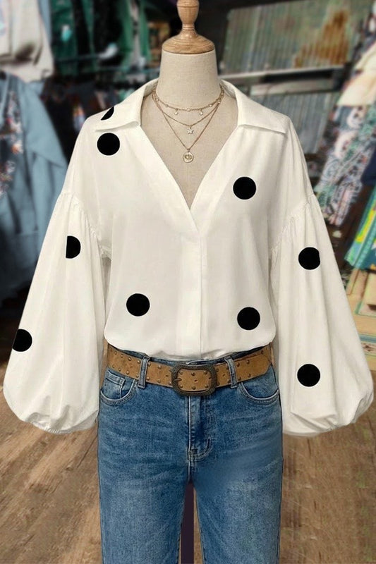 White Polka Dot Bishop Sleeve Blouse