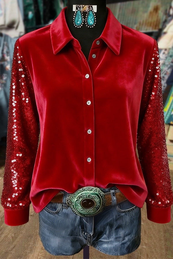 Red Velvet Blouse with Sequin Sleeves