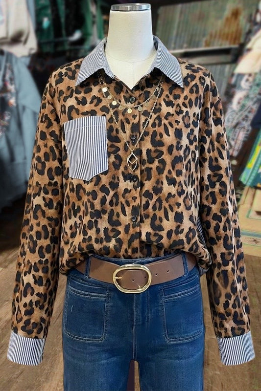 Leopard Print and Striped Mixed-Pattern Shirt