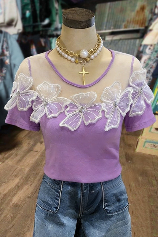 Butterfly Embroidered Cold Shoulder Top