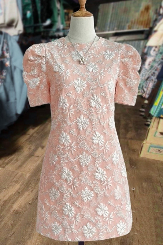 Pink Floral Embroidered Puff Sleeve Mini Dress