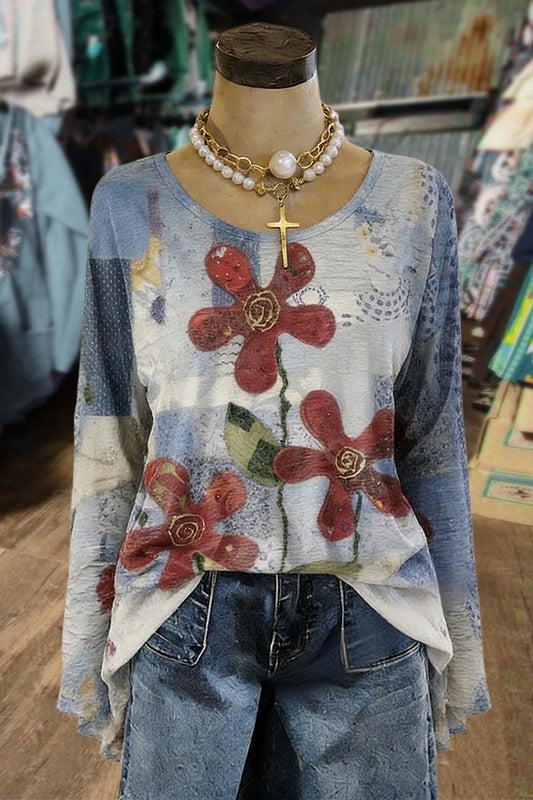 Artistic Floral Print Color-Block Long Sleeve Top