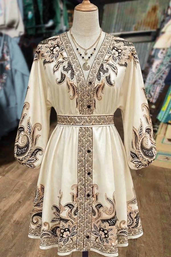 Cream Embroidered Paisley Belted Mini Dress