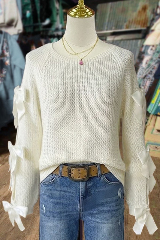 Cream Knit Sweater with Bow Sleeve Details