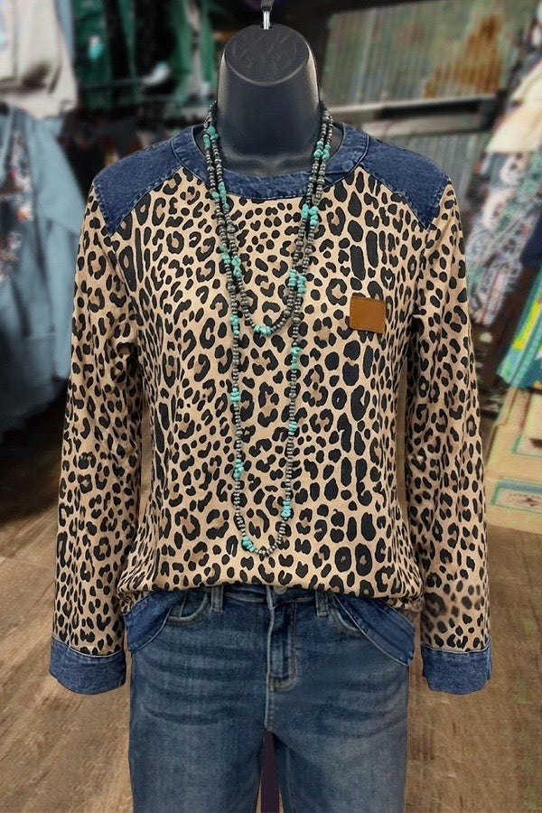 Leopard Print Top with Denim Trim