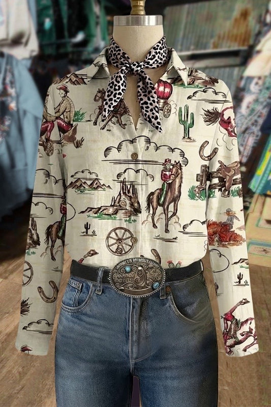 Western Cowboy Print Blouse with Leopard Bow Tie