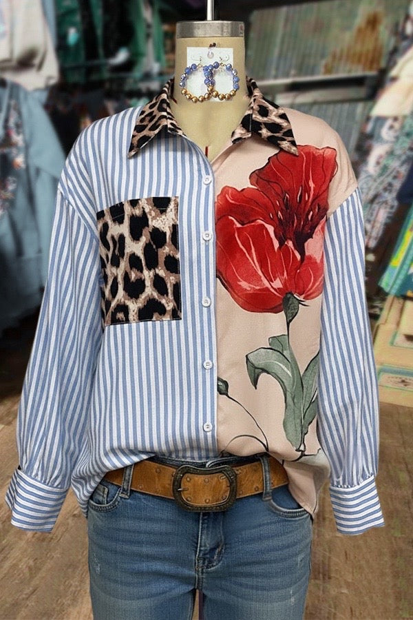 Striped Leopard and Floral Mixed-Pattern Button-Down Shirt