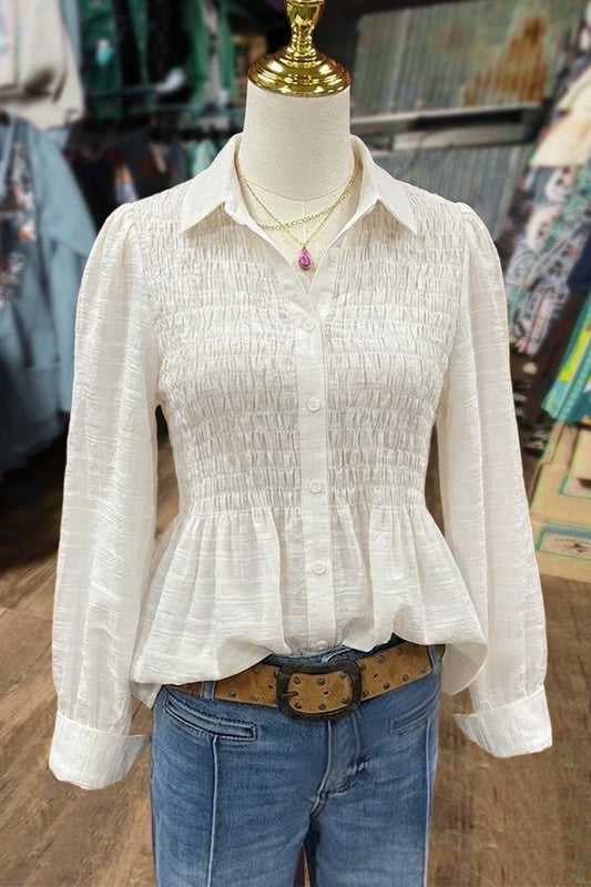 White Smocked Peplum Blouse