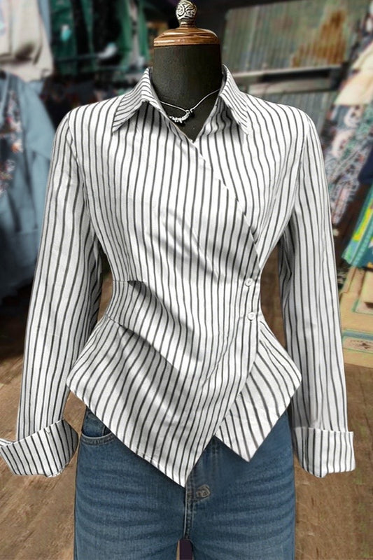 Black and White Striped Asymmetric Hem Shirt