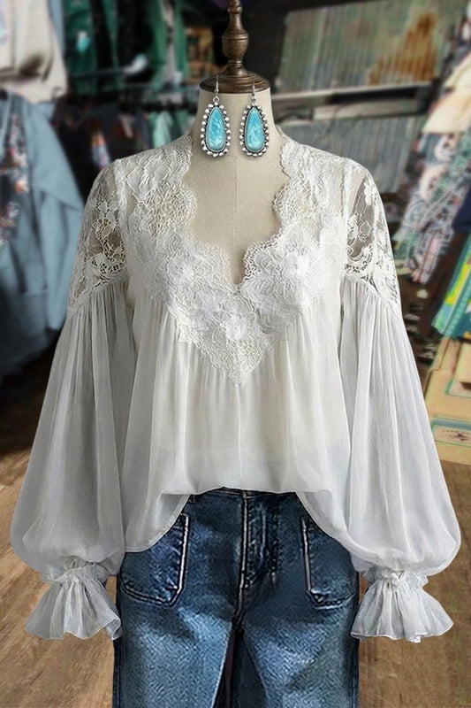 White Lace Peasant Blouse with Balloon Sleeves