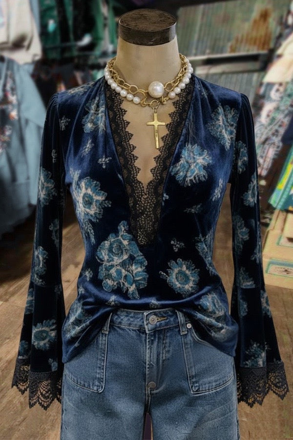Navy Blue Velvet Floral Print Top with Lace Trim